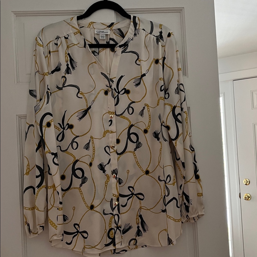 Jacqueline Smith Elegant Black, White and Gold Chain Print Button Down Blouse
